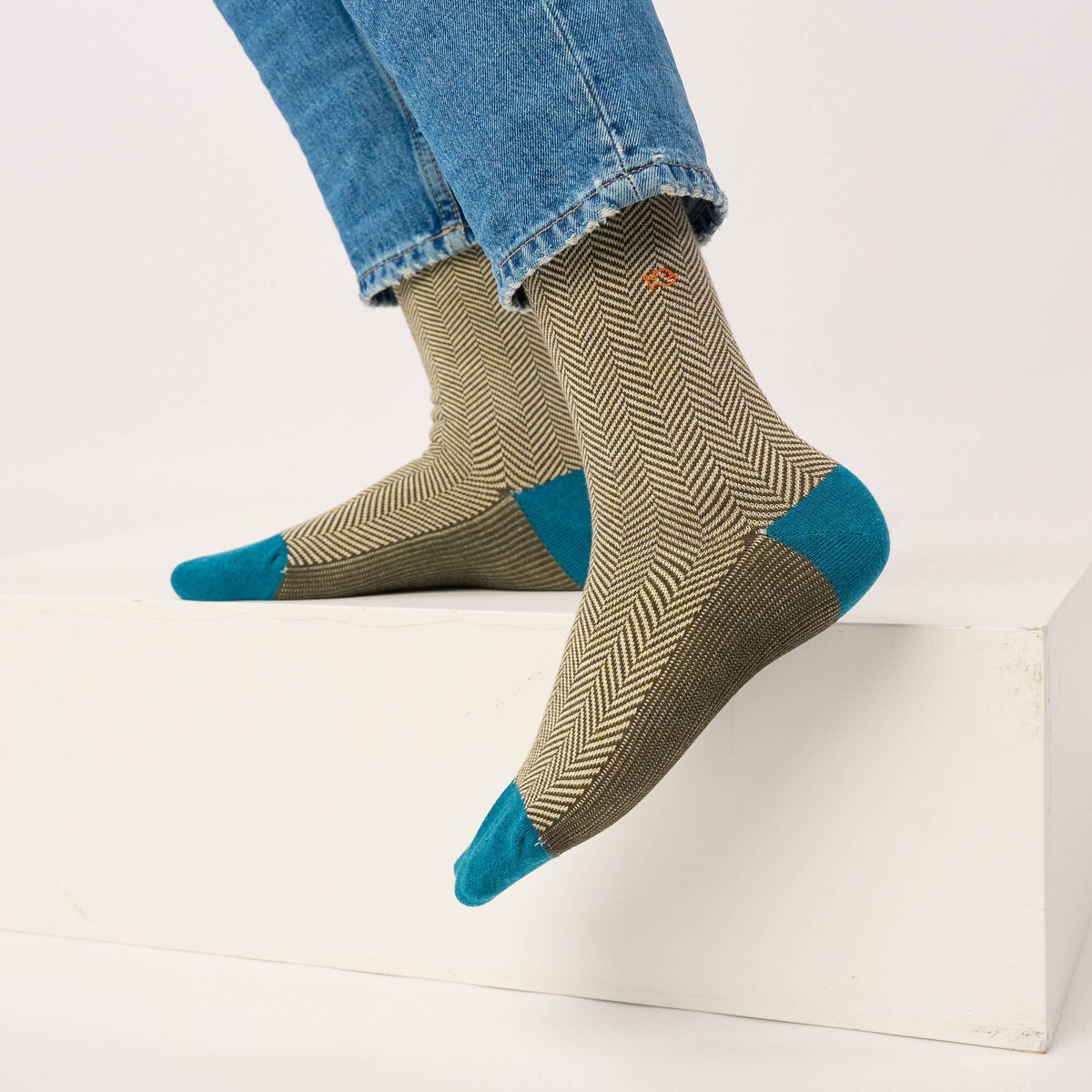 Blue, Beige and Brown Herringbone Socks