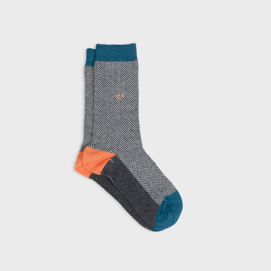 Grey, Orange and Blue Herringbone Socks